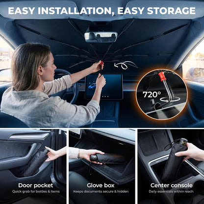 DMJN Umbrella Windshield Sun Shade - Medium, Car Sunshade for Front Windshield [Nano Ice-Crystal Coatings] UPF50+ Heat & UV Block, Protect Interior & Keep Cooler Universal for Car, SUV, Truck