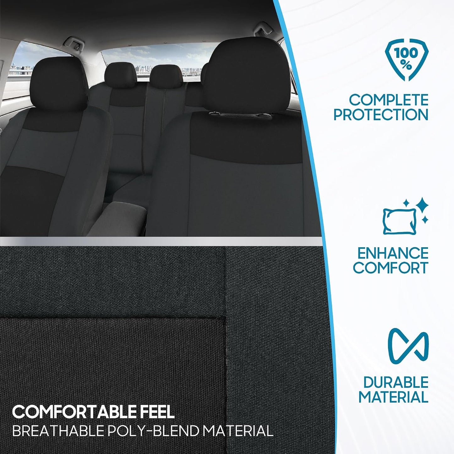 BDK PolyPro Car Seat Covers Full Set in Charcoal on Black – Front and Rear Split Bench for Cars, Easy to Install Cover Set, Accessories Auto Trucks Van SUV