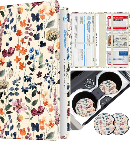 Slohif Car Registration and Insurance Holder - Plant Vehicle Glove Box Organizer Women with Magnetic Shut Leather Automobile License Holders Coasters Auto Accessories Case for Document