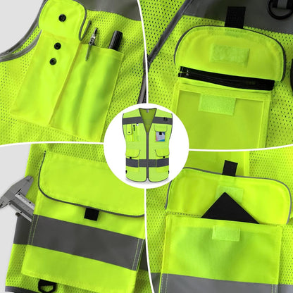 TCCFCCT Safety Vest for Men Women 9 Pockets High Visibility Vest for Safety, Reflective Work Vest with Reflective Strips, Meets ANSI/ISEA Standards, (Yellow, Large)