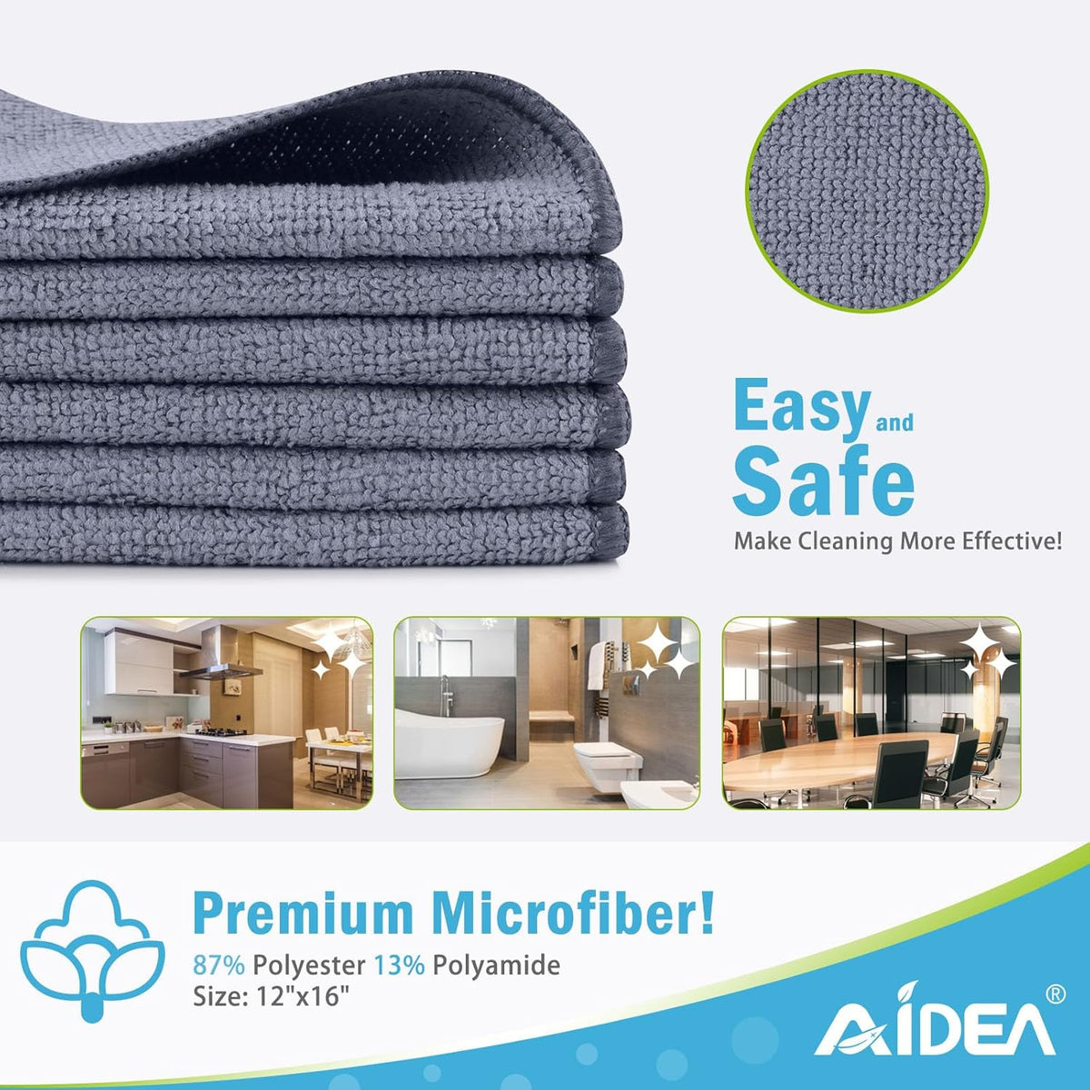AIDEA Microfiber Cleaning Cloth-12PK, Soft Microfiber Towels for Cars, Absorbent Cleaning Rags, Lint-Free Streak-Free Wash Cloths for House, Kitchen, Window(12in.x12in), Black