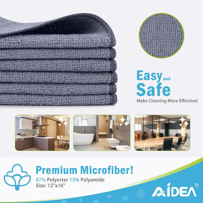 AIDEA Microfiber Cleaning Cloth-12PK, Soft Microfiber Towels for Cars, Absorbent Cleaning Rags, Lint-Free Streak-Free Wash Cloths for House, Kitchen, Window(12in.x12in), Black