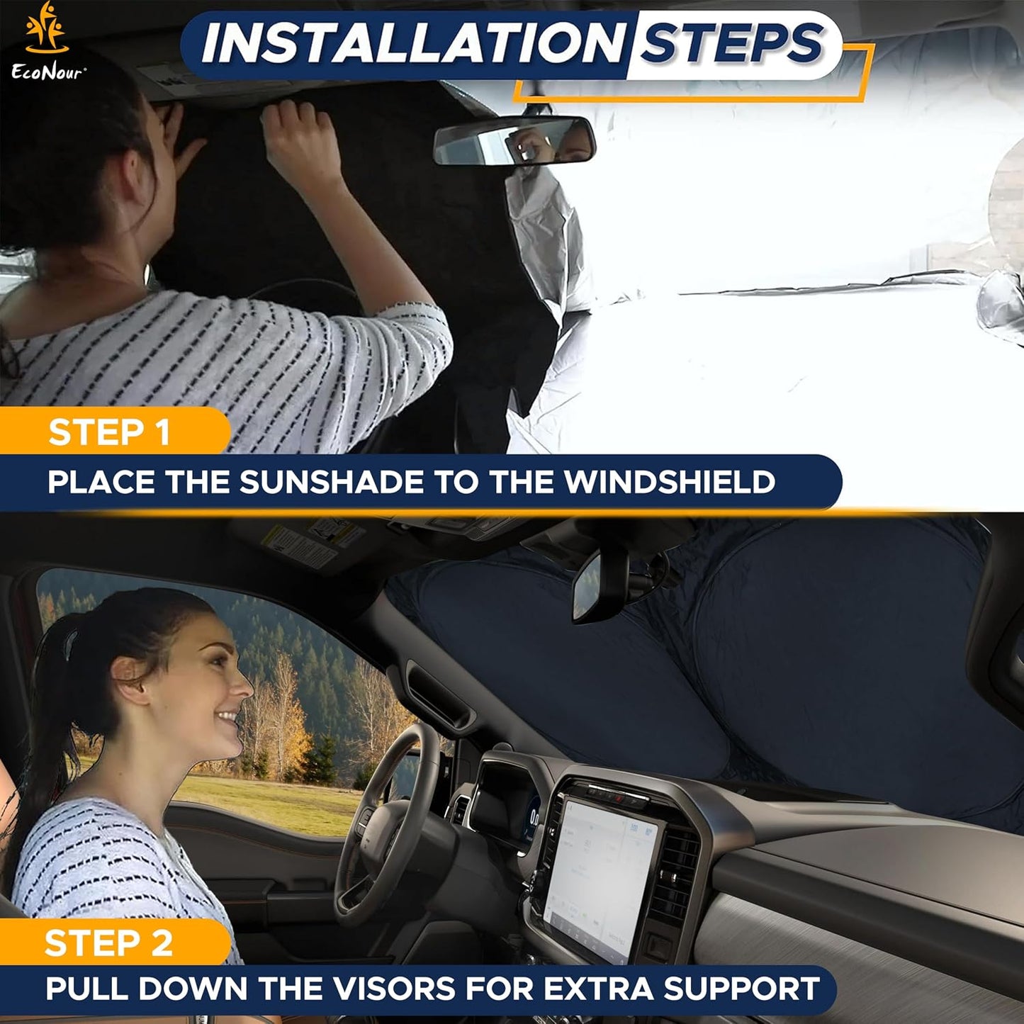 EcoNour Car Windshield Sun Shade | 2025 Upgraded Innovative No-Light-Pass Technology for Maximum Coverage | Foldable Sun Shade Keeps Your Vehicle Cool | Must-Have Car Accessories | Small (59" x 29") - Colors D