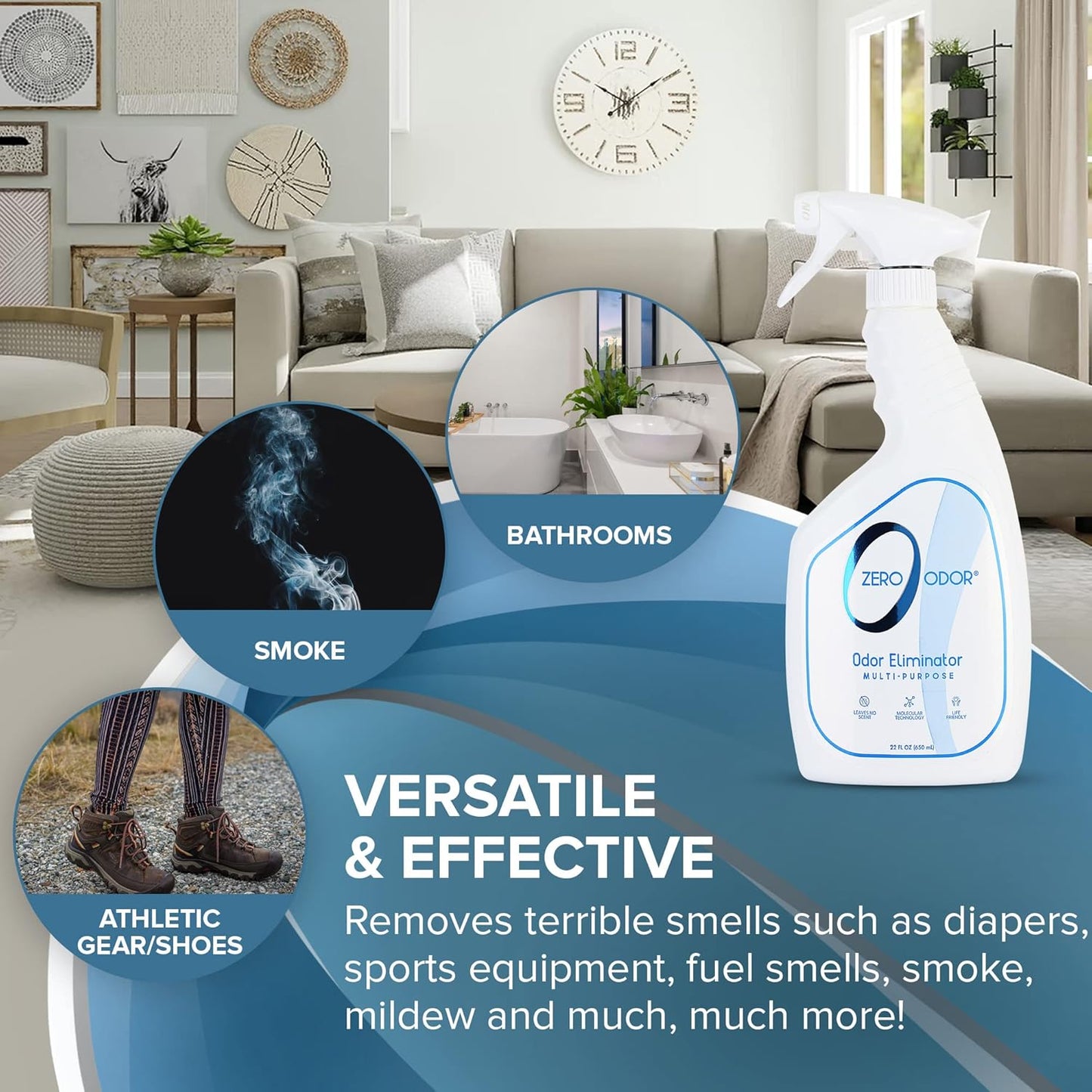 Zero Odor Multi-Purpose Odor Eliminator - Eliminate Air & Surface Odor – Patented Technology Best for Bathroom, Kitchen, Fabric, Closet- Smell Great Again, 8oz (Over 1000 Sprays)