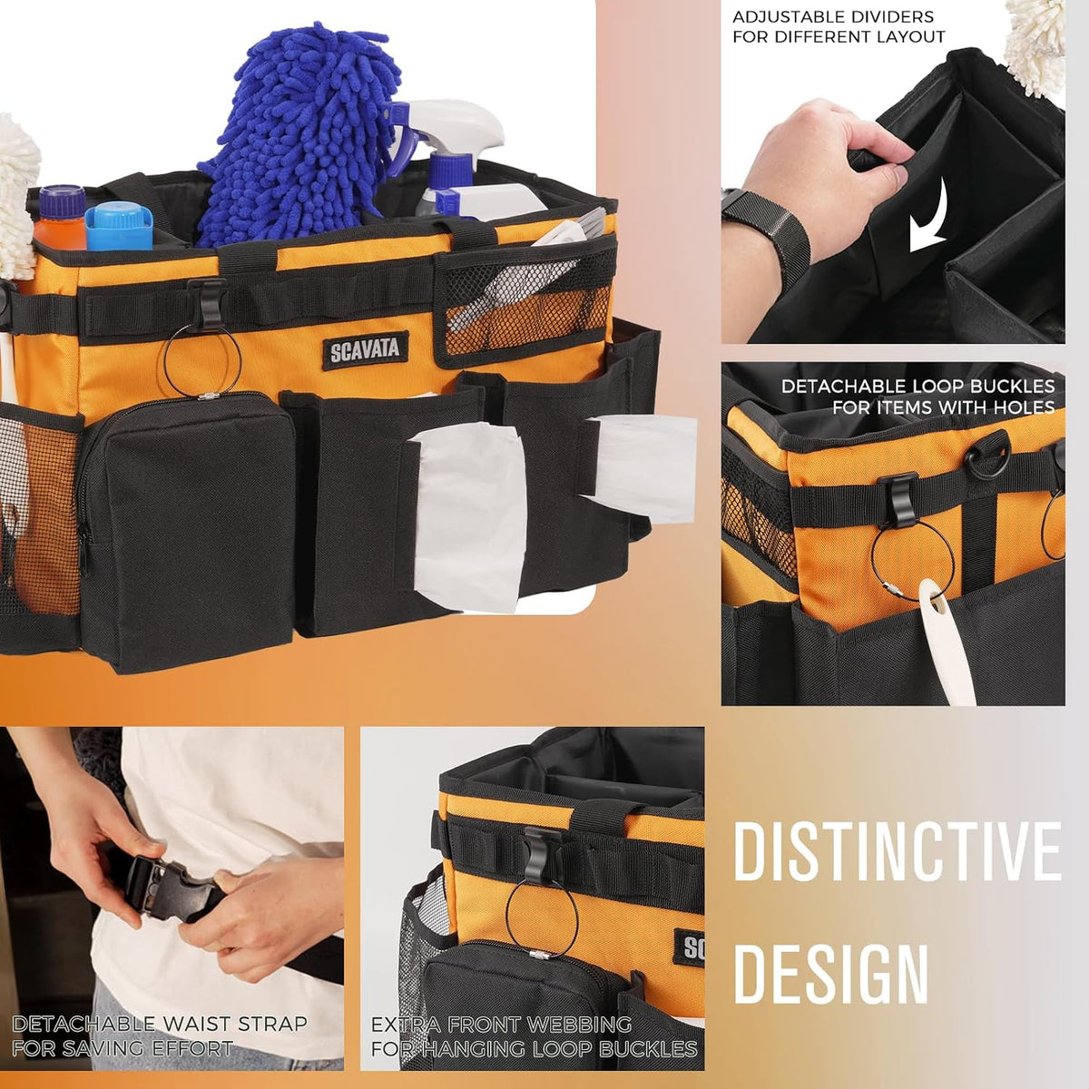 SCAVATA Wearable Cleaning Caddy Bag, Supplies Organizer with Handle & Shoulder Straps for Housekeepers, Under Sink & Car Cleaning Tool Organizer with 4 Foldable Dividers (Black)