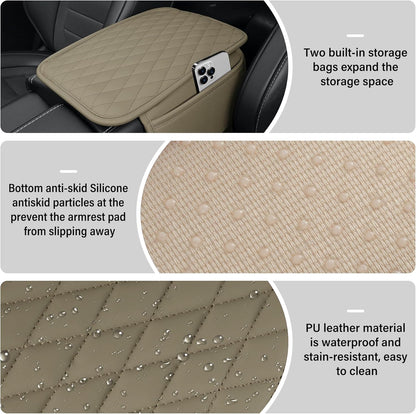 Amiss Car Center Console Cover, Upgraded Leather Car Armrest Cushion with 2 Storage Pockets, Universal Waterproof Cushion Pad, Non-Slip Car Interior Accessories, Fits Most Sedans SUVs Trucks (Black)