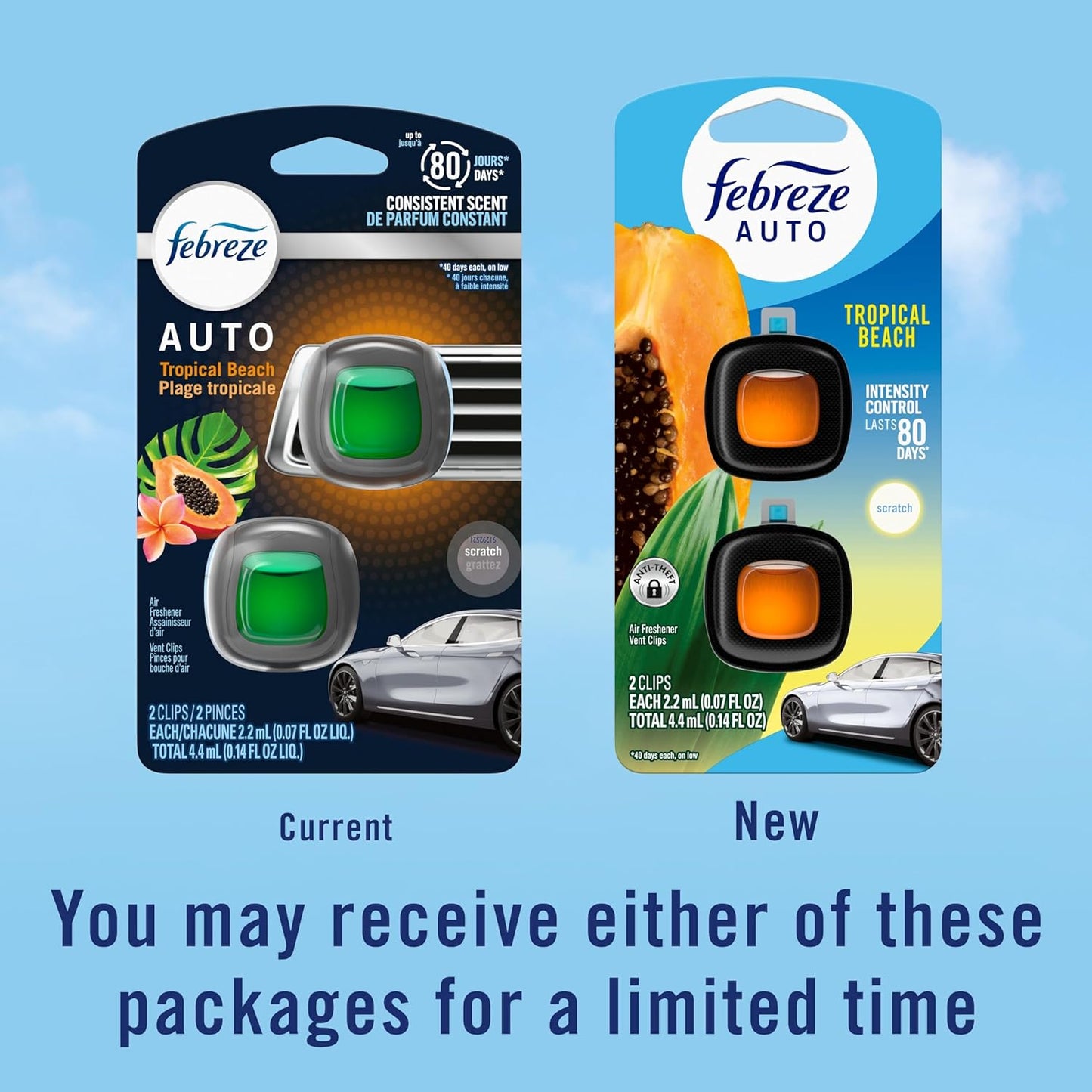 Febreze AUTO Air Freshener, Odor-Fighting Automotive Vent Clip, Scented Car Accessories, Long Lasting for Strong Odors, Tropical Beach Scent, 2 Count