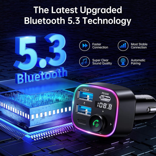 Syncwire Bluetooth 5.4 FM Transmitter Car Adapter 48W (PD 36W & 12W) [Light Switch] [HiFi Bass Sound] [Fast Charging] Wireless Radio Music Adapter LED Display Hands-Free Calling Support USB Drive