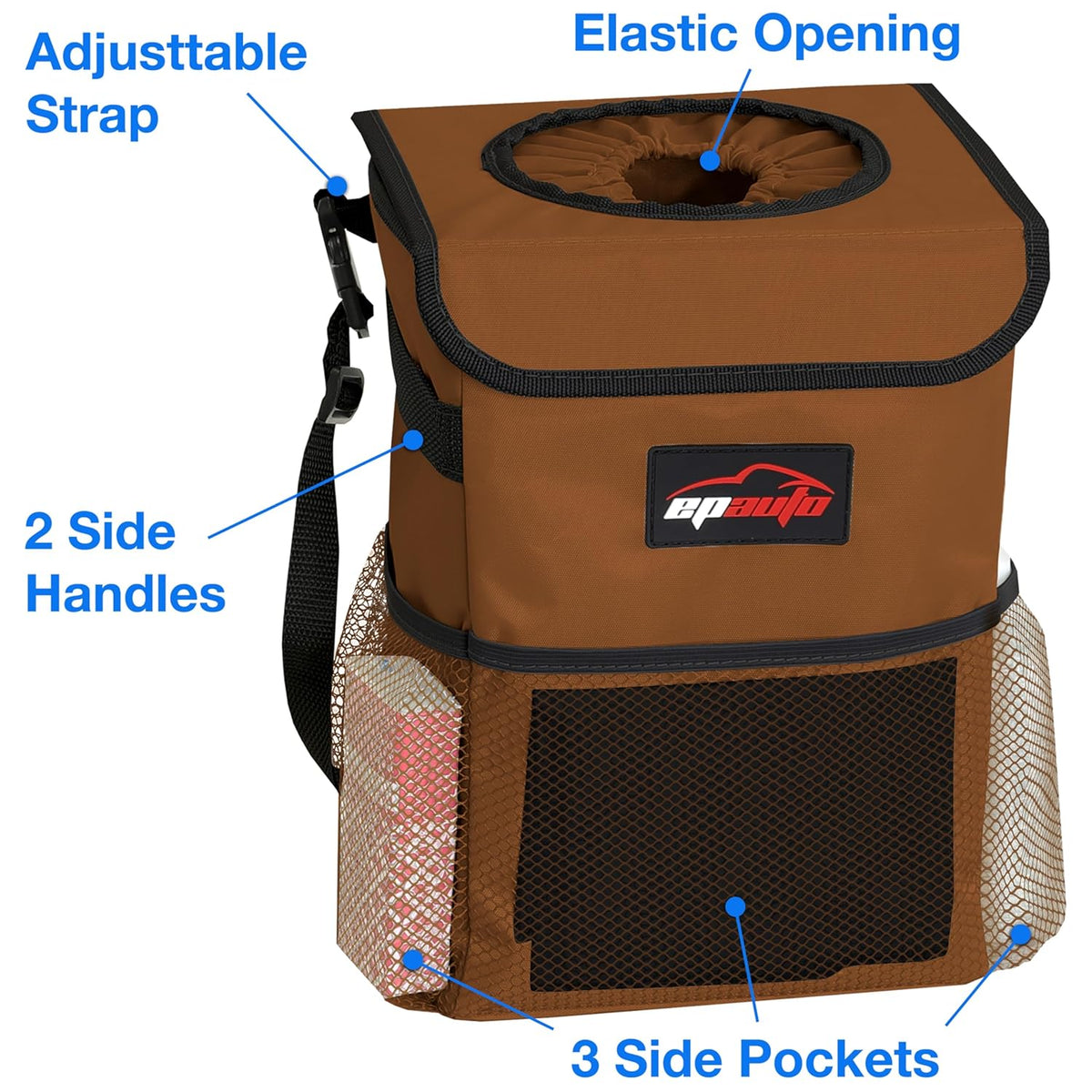 EPAuto Waterproof Car Trash Can with Lid and Storage Pockets, 2.5 Gallon, Black