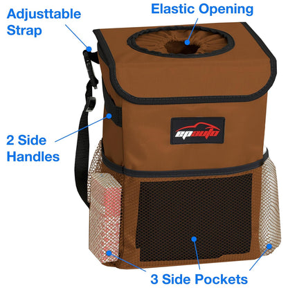 EPAuto Waterproof Car Trash Can with Lid and Storage Pockets, 2.5 Gallon, Black