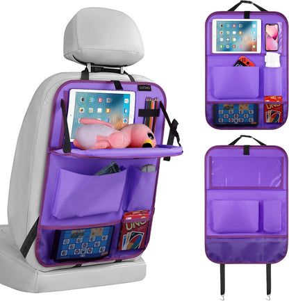 LUCMO Car Backseat Organizer with Tablet Holder,6 Storage Pockets Car Storage Organizer with Foldable Food Tray,Protectors Kick Mats Travel Accessories-Black