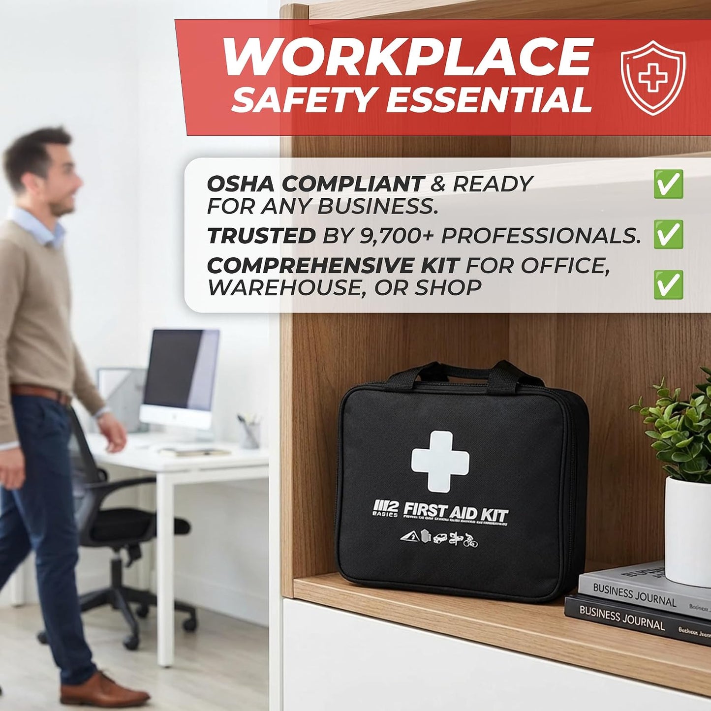M2 BASICS 300 Piece Premium First Aid Kit w/Durable Bag for Home, Business | Office, Workplace, Car, Garage, Kitchen, Family, Classroom, Jobsite, Warehouse, School, Vehicle And Emergency Preparedness