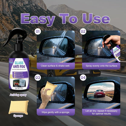 Glass Anti Fog Spray for Car Windshield, Interior Glass, Mirrors & Windows – Long-Lasting Defogger Prevents Fogging for Clear Vision, Safe Driving & Crystal Clear View – Easy to Use – 150ml / 5oz
