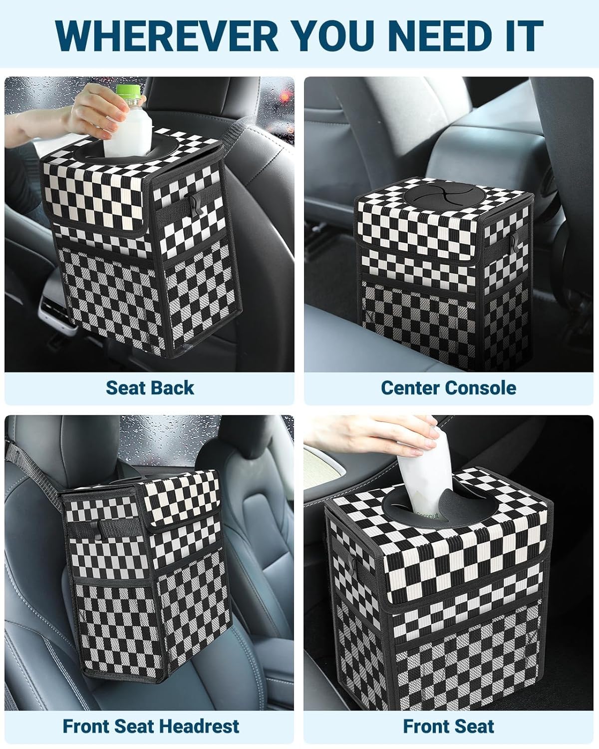 Capolo Car Trash Can with Lid, Leakproof Car Trash Bag Hanging Waterproof Automotive Garbage Can with Storage Pockets Mini Vehicle Trash Bin for Back/Front Seat(Black,2.5 Gallon)