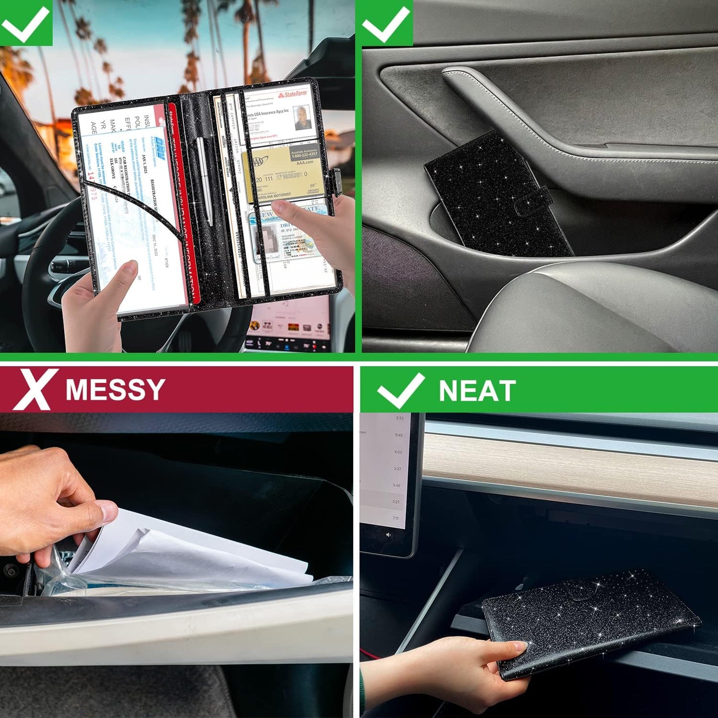 RSAquar Car Registration and Insurance Holder, Vehicle Glove Box Organizer Cool Car Accessories, Auto Truck Document Holder for Cards, Driver License, Black Glitter