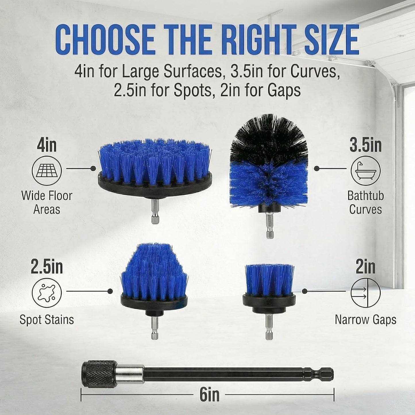 Drill Brush Attachment Set, 5 Pack Power Scrubber Cleaning Brush Kit with Extension Rod for Bathroom, Tub, Tile, Grout, Kitchen, Floor and Wheel Rims (Blue)