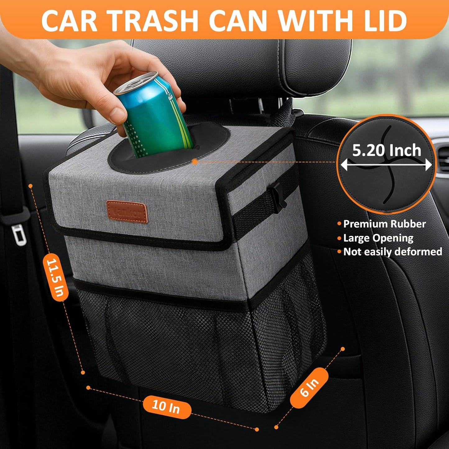 Vankor Car Trash Can Bin with Lid Hanging for Back Seat, Car Accessories for Women Men Leak Proof Automotive Garbage Cans Leakproof Vehicle Trash Can for Truck SUV Black