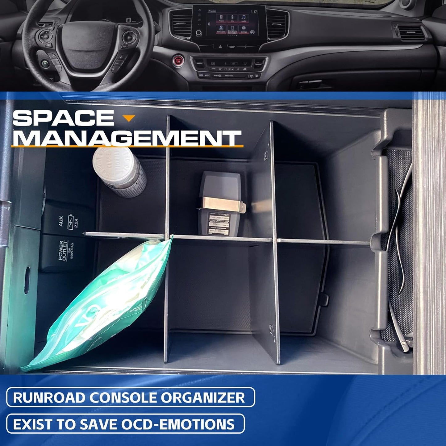 RUNROAD Center Console Organizer for Honda Pilot (2016-2022)/ Ridgeline (2017-2023)/ Passport (2019-2023) Accessories, Armrest Box Insert Dividers