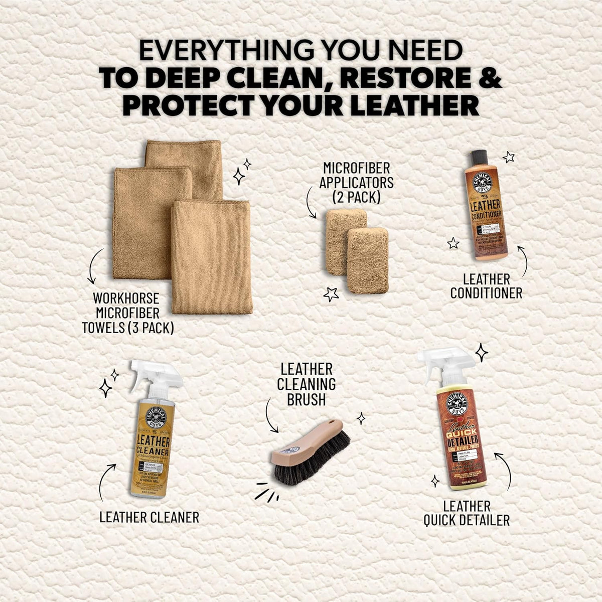 Chemical Guys Leather Cleaner and Conditioner Detailing Kit - Leather Care Kit For Natural, Synthetic, Faux, Pleather, and More for Car Interiors, Apparel, Furniture, Boots & Accessories - 9 Items