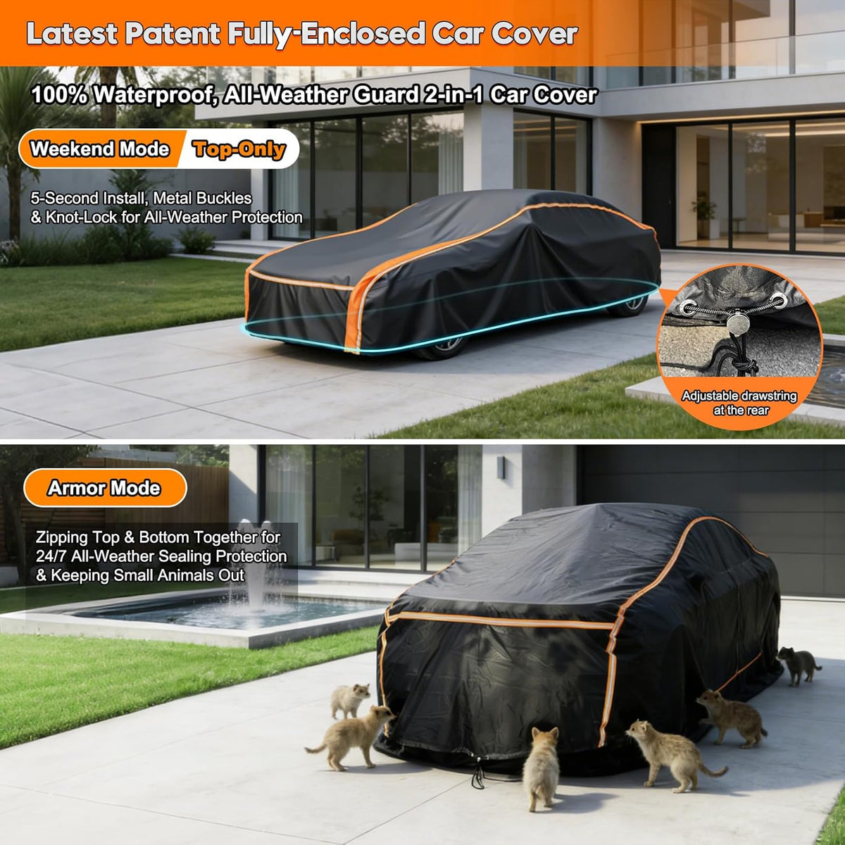 Patented Fully Enclosed Car Cover Waterproof All Weather 2-in-1 for Chevrolet/Chevy Corvette,Honda Civic,Toyota Corolla Automobiles Universal Fit Sedan/Coupe/Cabrio Length 178-185 Inch Exterior Covers