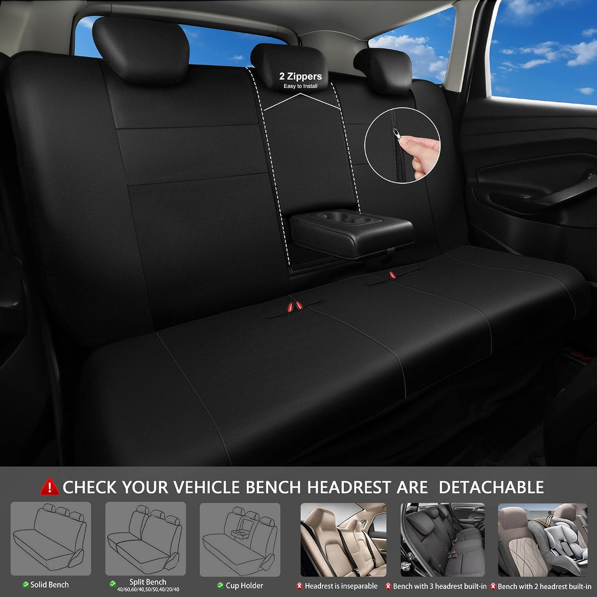 CAR PASS Faux Leather Car Seat Covers Front Seats Only, 3D Foam Support Car Seat Covers, Universal fit for Trucks Vans SUVs Sedans Automotive Comfortable, Airbag Compatible 2 Pieces Front Solid Black