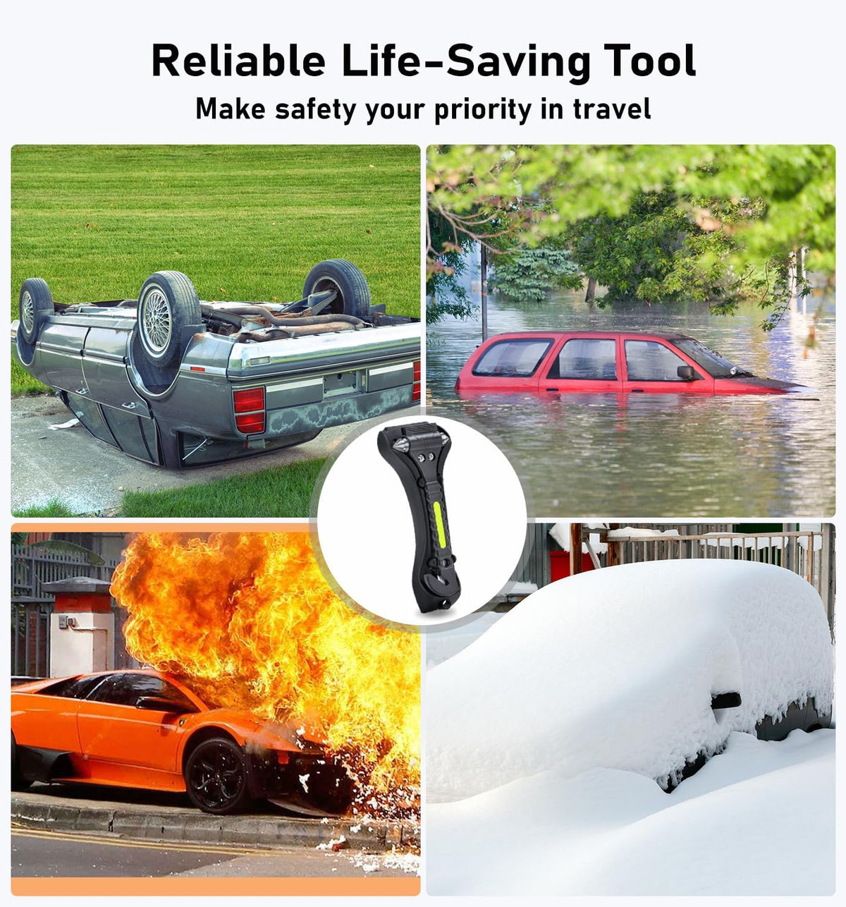 Car Safety Hammer 4 Pack, Car Window Glass Breaker and Seat Belt Cutter Car Emergency Escape Tool with Light Reflective Tape for Family Rescue, Life Saving Survival Kit