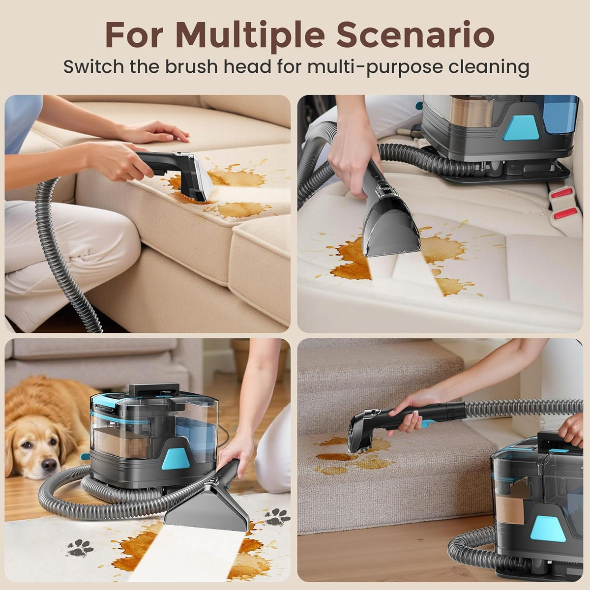 DEVOAC C8 Portable Carpet Upholstery Spot Cleaner Machine with Versatile Tools, Self-Cleaning, Powerful Suction, Pet Stain Remover, Car and Auto Detailer (Cyan)