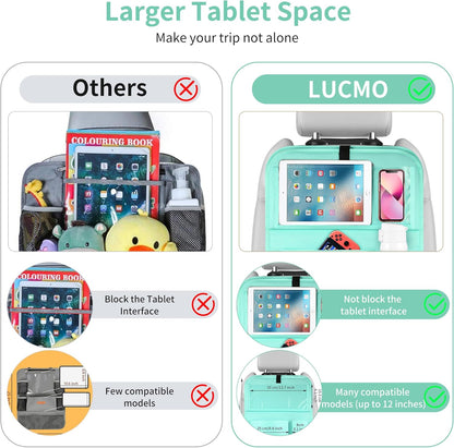 LUCMO Car Backseat Organizer with Tablet Holder,6 Storage Pockets Car Storage Organizer with Foldable Food Tray,Protectors Kick Mats Travel Accessories-Black