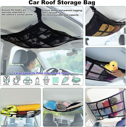Car Ceiling Cargo Net for SUV,35.4"X25.6" Car Ceiling Storage,Load Capacity Automotive Cargo nets Interior Accessories for Van,Double-Layer Mesh Automotive Roof Camping Essentials