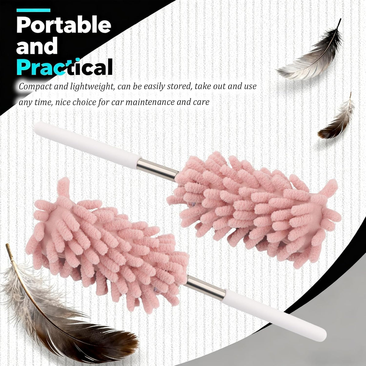 2PCS Car Duster Interior with Bendable Head & Retractable Extension Pole,Pink Microfiber Duster for Car Interior Detailing Cleaning,Universal Cars Interiors Dusters Cars Tools