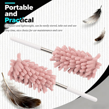 2PCS Car Duster Interior with Bendable Head & Retractable Extension Pole,Pink Microfiber Duster for Car Interior Detailing Cleaning,Universal Cars Interiors Dusters Cars Tools
