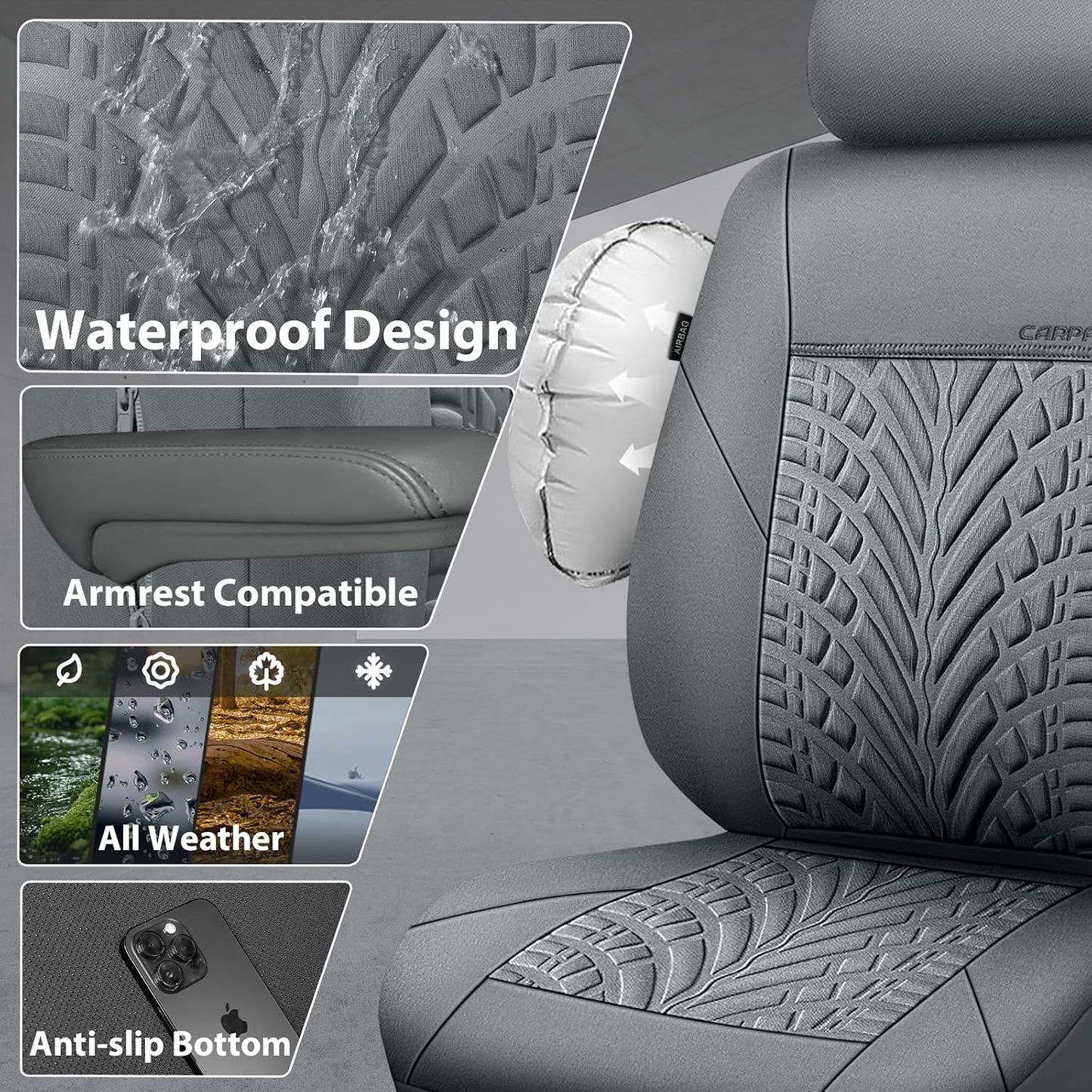 CAR PASS Car Seat Covers Full Sets, Front & Split Rear Bench for Car, 3D Tyre Embossed Automotive Interior Covers, Airbag Compatible, Quick Setup Universal Fit Seat Covers for Car, SUV(Charcoal)