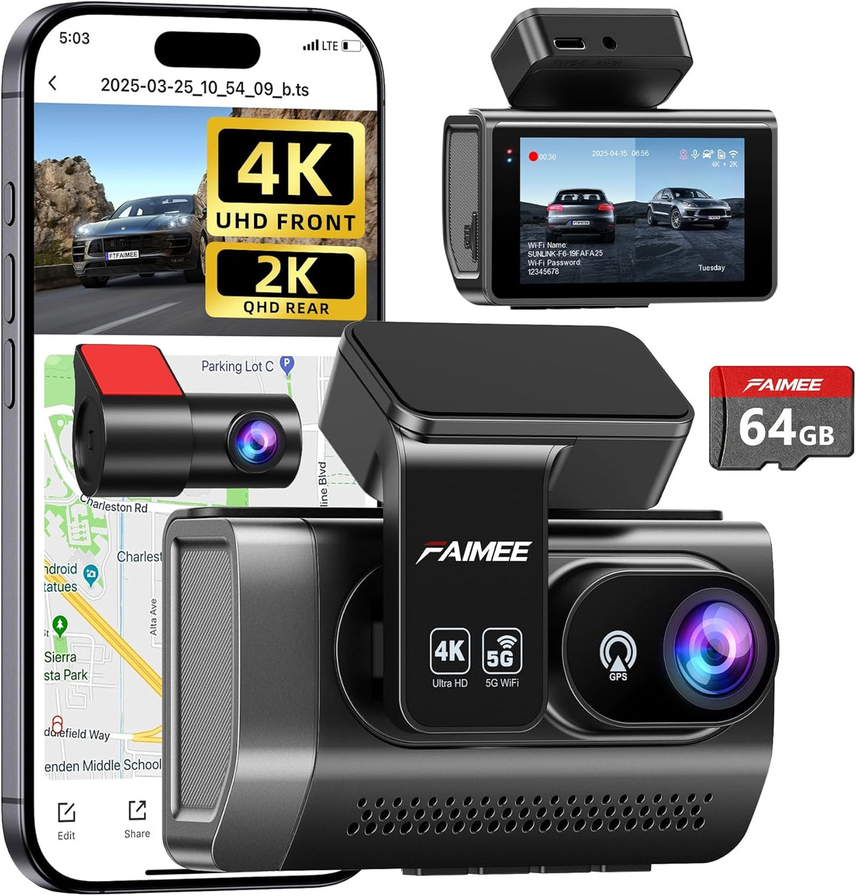 4K+2K+2K 3 Channel Dash Cam Front and Rear, 128GB Card Included, Dash Camera for Cars 5.8G/2.4G Dual Wifi, Built-in GPS, Night Vision, WDR, 170°Wide Angle, G-Sensor Emergency Lock, 24H Parking Monitor