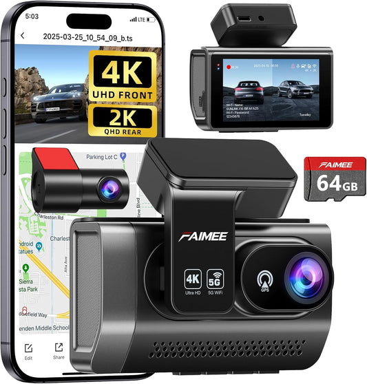 4K+2K+2K 3 Channel Dash Cam Front and Rear, 128GB Card Included, Dash Camera for Cars 5.8G/2.4G Dual Wifi, Built-in GPS, Night Vision, WDR, 170°Wide Angle, G-Sensor Emergency Lock, 24H Parking Monitor