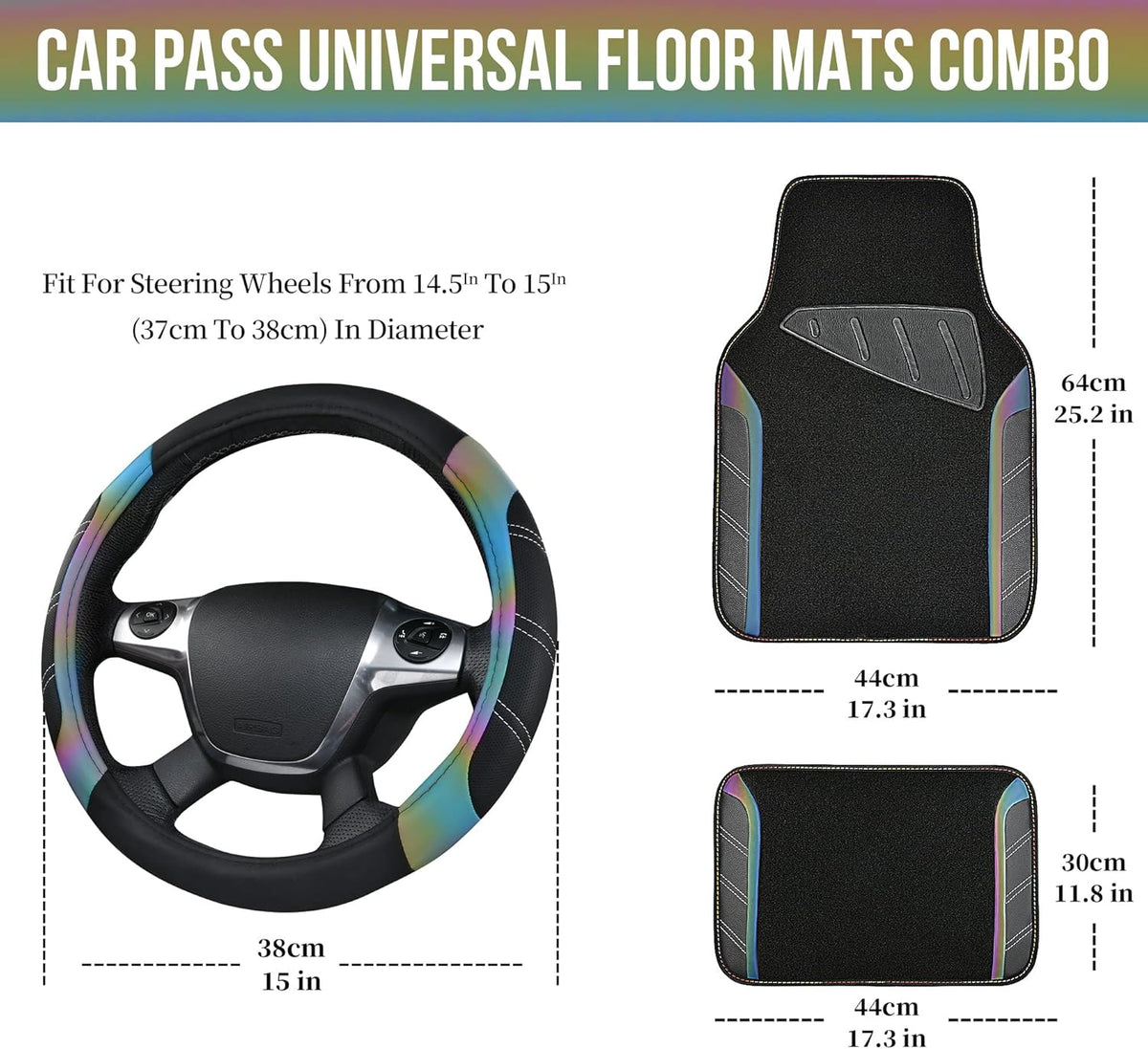 CAR PASS Air Mesh Leather Car Seat Covers Full Set, Waterproof Car Floor Mats, Sporty Steering Wheel Cover 14.5-15in, Universal Fits for 95% Cars Truck SUV (Black and Blue)