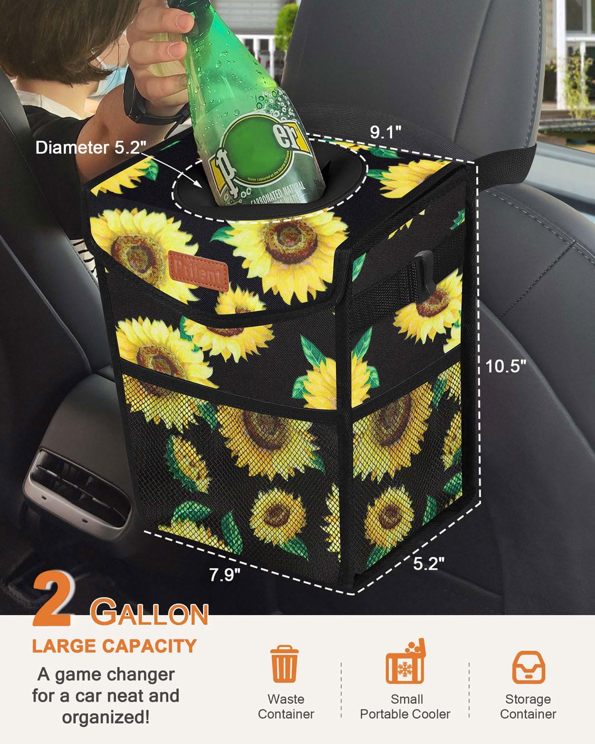 Pritent Car Trash Can with Lid, Cute Leakproof Car Trash Garbage Bag Hanging Vehicle Trash Bin Small Portable Automotive Garbage Cans Organizer for Back/Front Seat/Console(Trapezoid,Black)