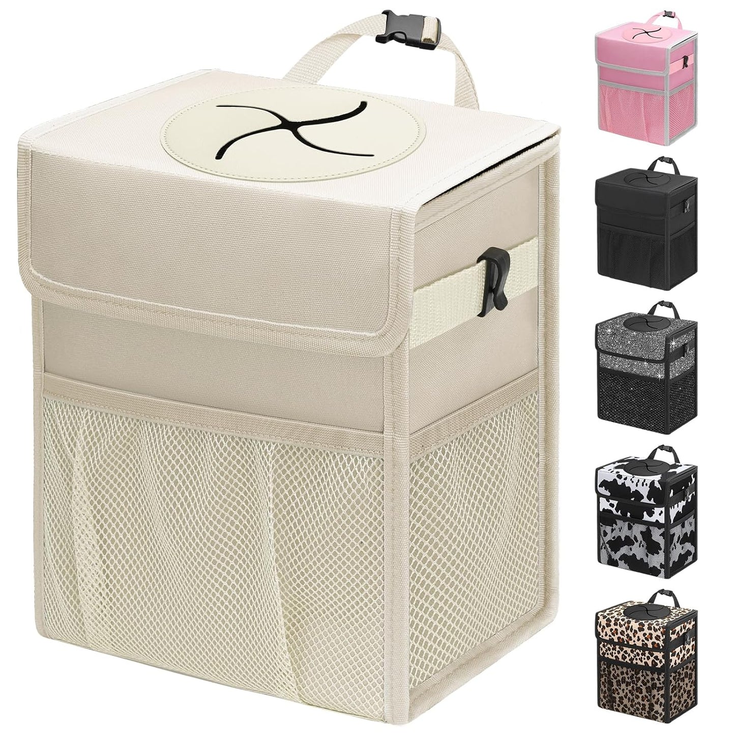 Capolo Car Trash Can with Lid, Leakproof Car Trash Bag Hanging Waterproof Automotive Garbage Can with Storage Pockets Mini Vehicle Trash Bin for Back/Front Seat(Black,2.5 Gallon)