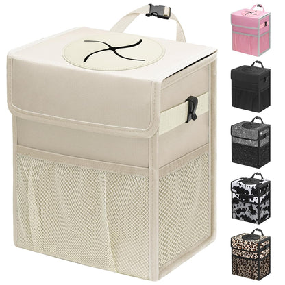 Capolo Car Trash Can with Lid, Leakproof Car Trash Bag Hanging Waterproof Automotive Garbage Can with Storage Pockets Mini Vehicle Trash Bin for Back/Front Seat(Black,2.5 Gallon)