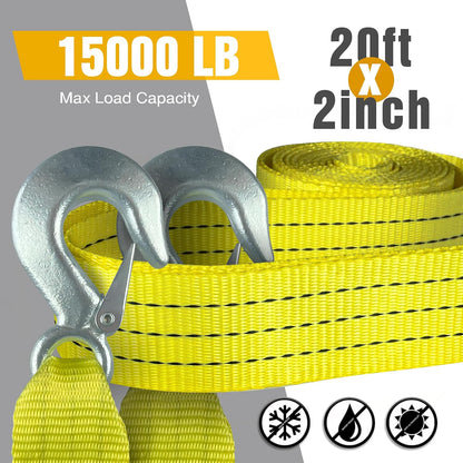 Tow Strap with Hooks 2”x20’ 15,000 LBS, Tow Rope Metal Safety Hooks, Car Heavy Duty Recovery Rope for Trailers, Securing Items, and Farm Cleaning
