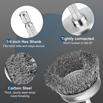 6Pcs Professional Wire Wheel, Carbon Steel Wire Brush for Drill, Drill Cup Brush for Cleaning Rust, Wire Brush Drill Attachments with 1/4 Inch Hex Shank