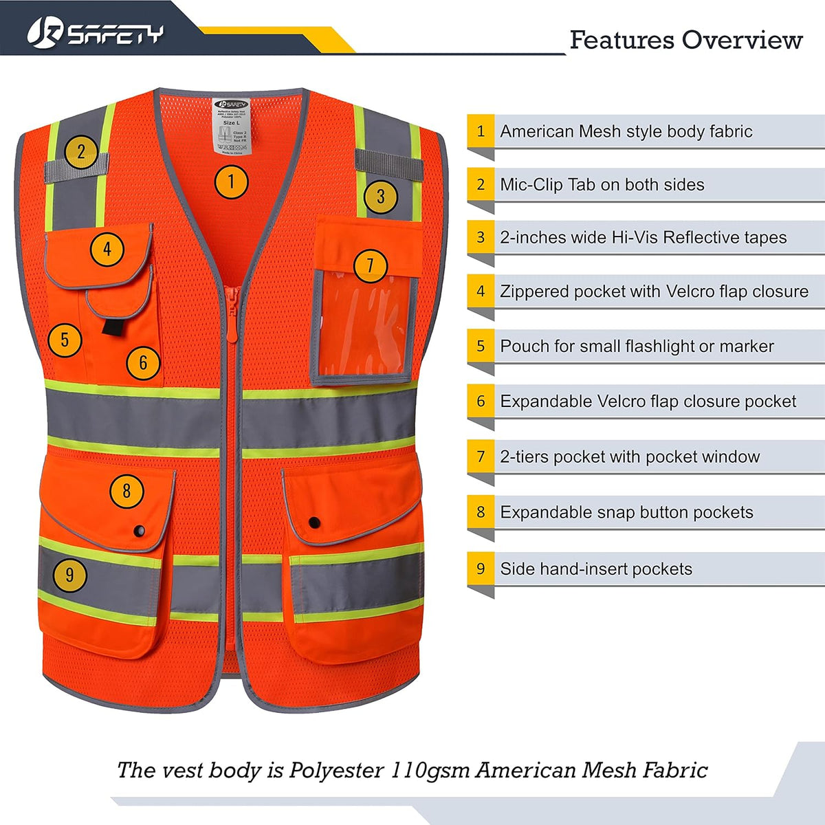 JKSafety 9 Pockets Class 2 High Visibility Zipper Front Safety Vest With Reflective Strips,Meets ANSI/ISEA Standard (Large, 150-Yellow) - Colors A