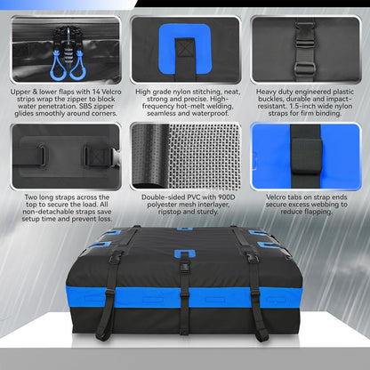 MARCHWAY Waterproof Car Roof Luggage Bag, Weatherproof Soft Shell Rooftop Cargo Carrier Bag for Vehicles with or Without Rack. 6 Door Hooks, Anti Slip Mat, Lock Included (21 Cubic Feet, Black)