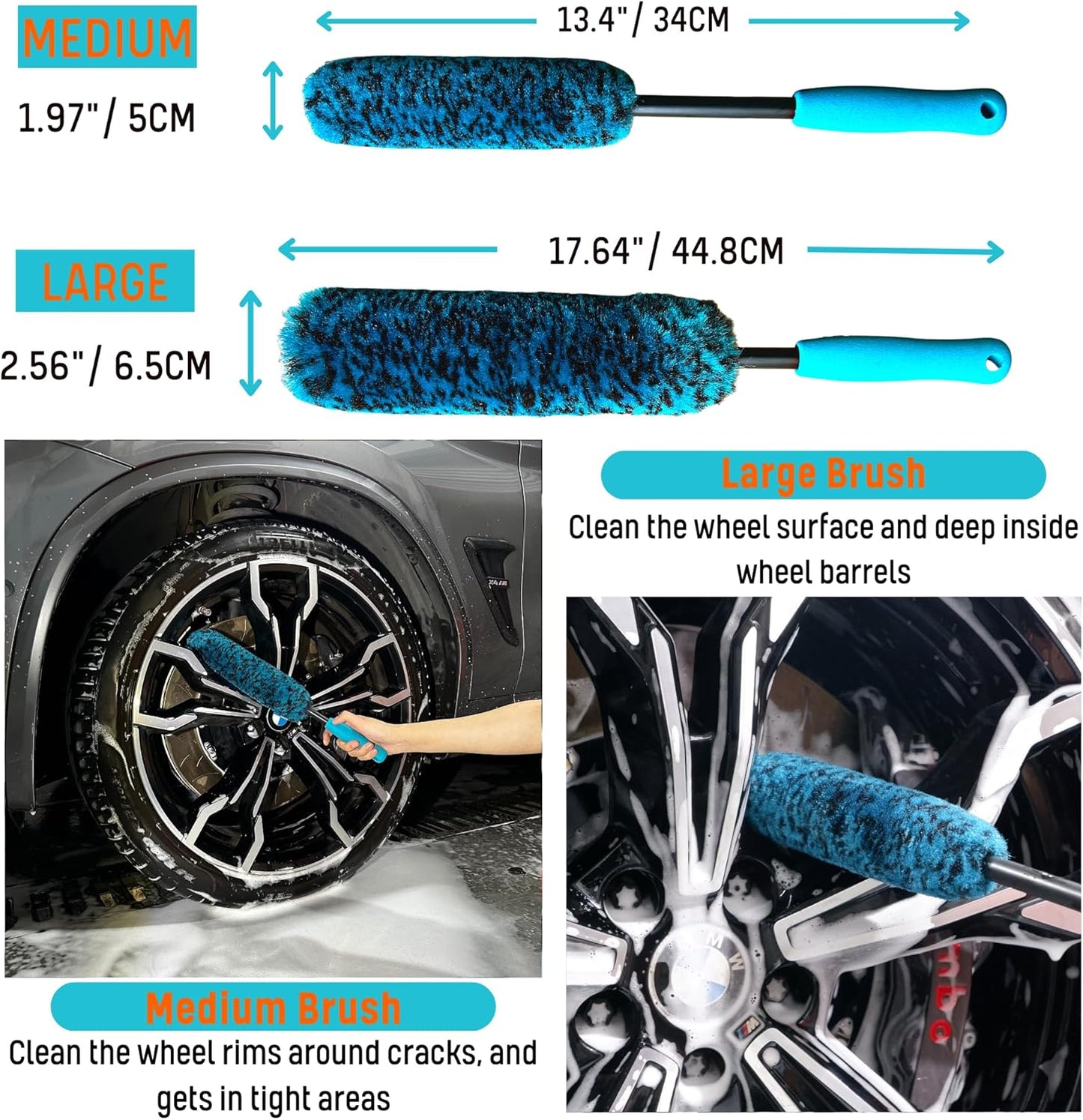 oesee Professional 4 Pack Long Handle Wheel Brush Kit for Cleaning Wheel and Tire- 2X Soft Wheel Cleaning Brush, Detailing Brush and Stiff Tire Brush, Bendable& Durable Wheel Rim Cleaner Brush Set