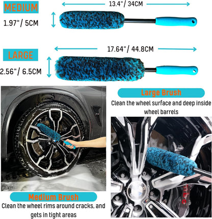 Wheel Brushes for Cleaning Wheels (4 Pro Pack)- 2X Soft Wheel Cleaning Wool Brush, Detailing Brush and Stiff Tire Brush, Scratch Free Durable Car Wheel Rim Brush Kit for Car Rim and Tire Detailing