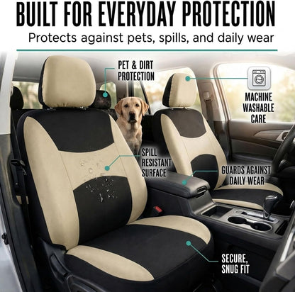 FH Group Full Set Cloth Car Seat Covers, Universal Fit Front and Split Bench Rear, Airbag Compatible, Washable for SUV, Sedan, Van - Black