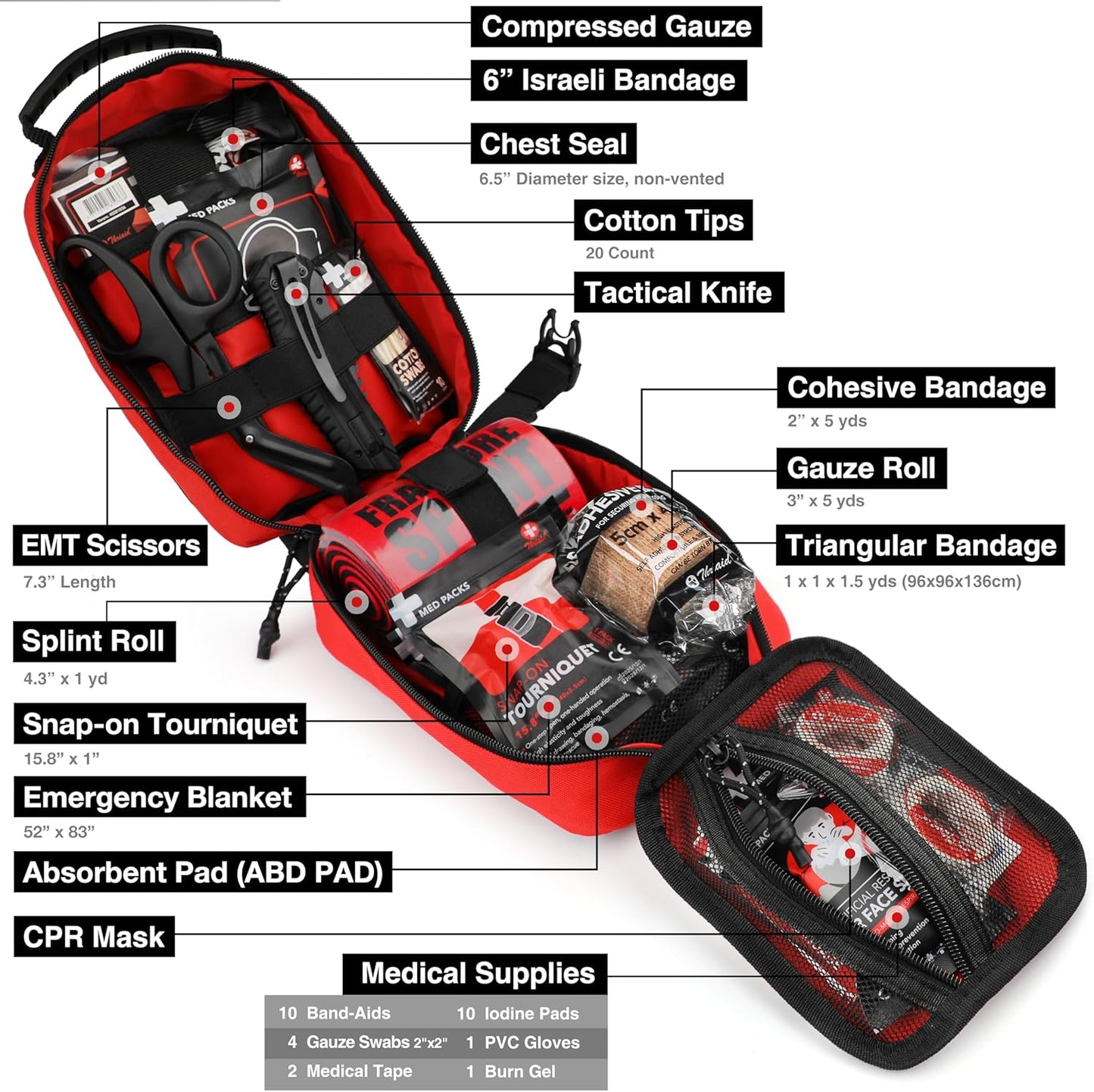 Survival First Aid Kit with Israeli Bandage, Chest Seal, Tourniquet, Splint, Tactical Military Combat Molle IFAK for Wound Care, Bleeding Control, Trauma Hemorrhage and More (Black)