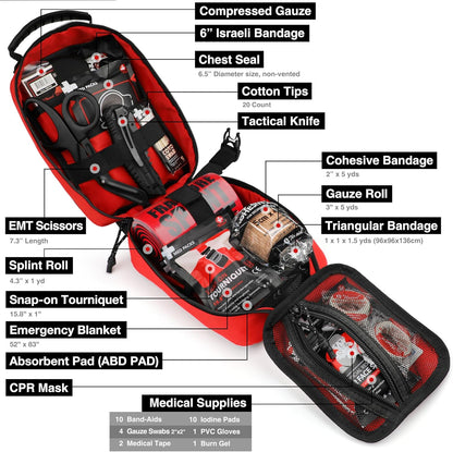 Survival First Aid Kit with Israeli Bandage, Chest Seal, Tourniquet, Splint, Tactical Military Combat Molle IFAK for Wound Care, Bleeding Control, Trauma Hemorrhage and More (Black)