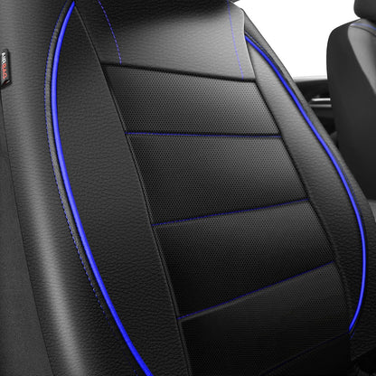 CAR PASS Universal FIT Piping Leather Two Front Seat Covers, Waterproof Faux Leather for SUV Sedan Van Truck, Airbag Compatible,Reserved Opening Holes for Headrest Covers. (Black red)