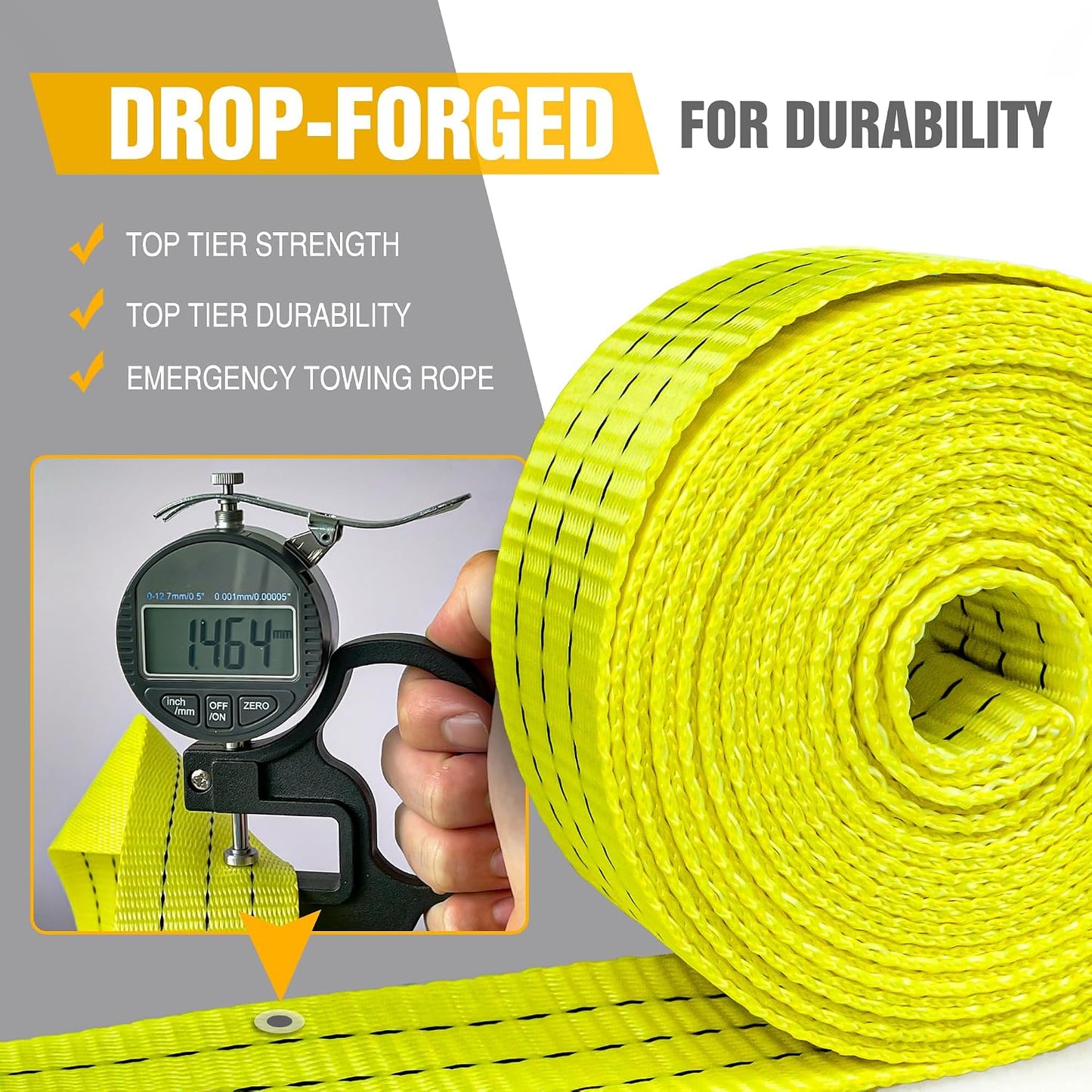 Tow Strap with Hooks 2”x20’ 15,000 LBS, Tow Rope Metal Safety Hooks, Car Heavy Duty Recovery Rope for Trailers, Securing Items, and Farm Cleaning