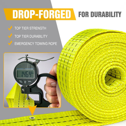 Tow Strap with Hooks 2”x20’ 15,000 LBS, Tow Rope Metal Safety Hooks, Car Heavy Duty Recovery Rope for Trailers, Securing Items, and Farm Cleaning